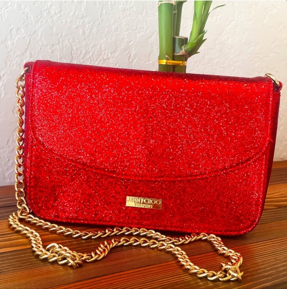 Jimmy Choo Red Sparkle Crossbody Bag with Gold Chain